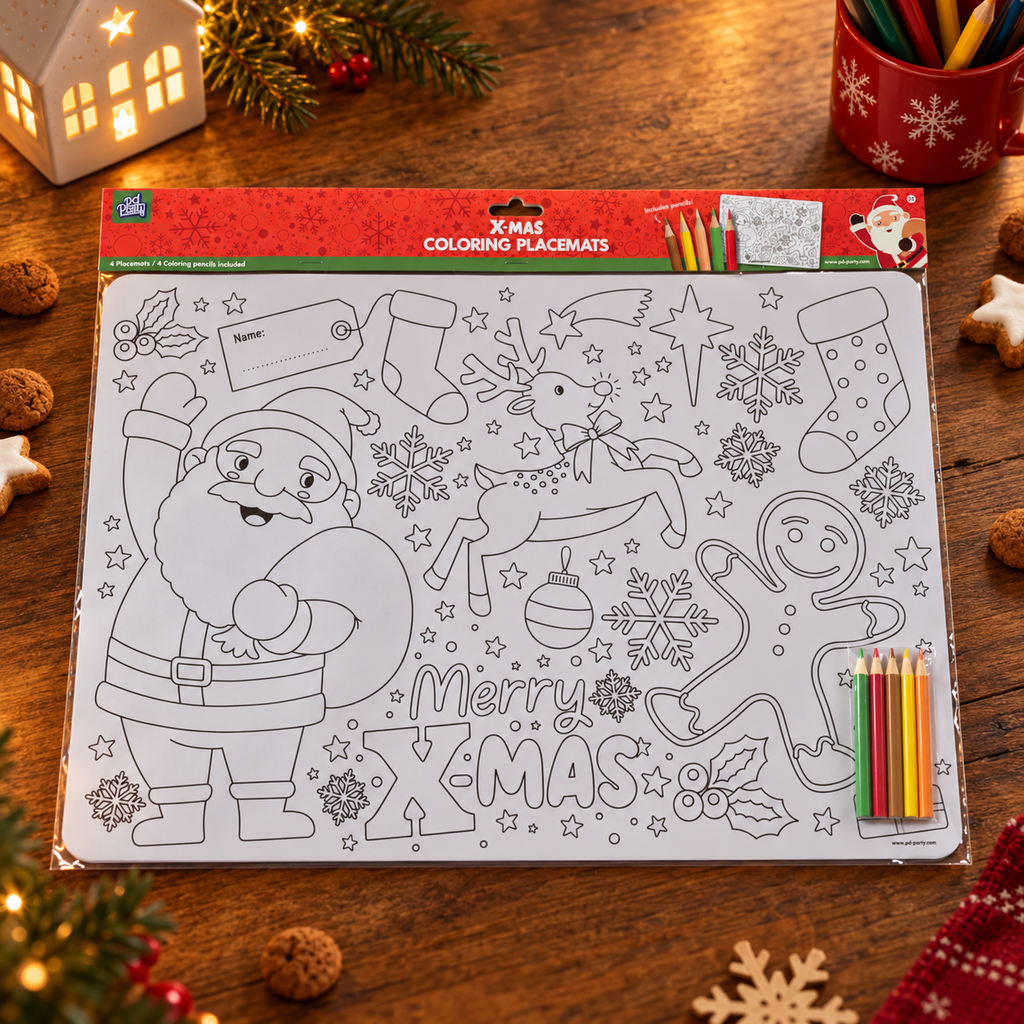 Kerst kleurplacemats – set van 4 met kleurpotloden