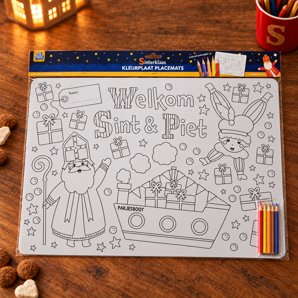 Sinterklaas kleurplacemats – set van 4 met kleurpotloden