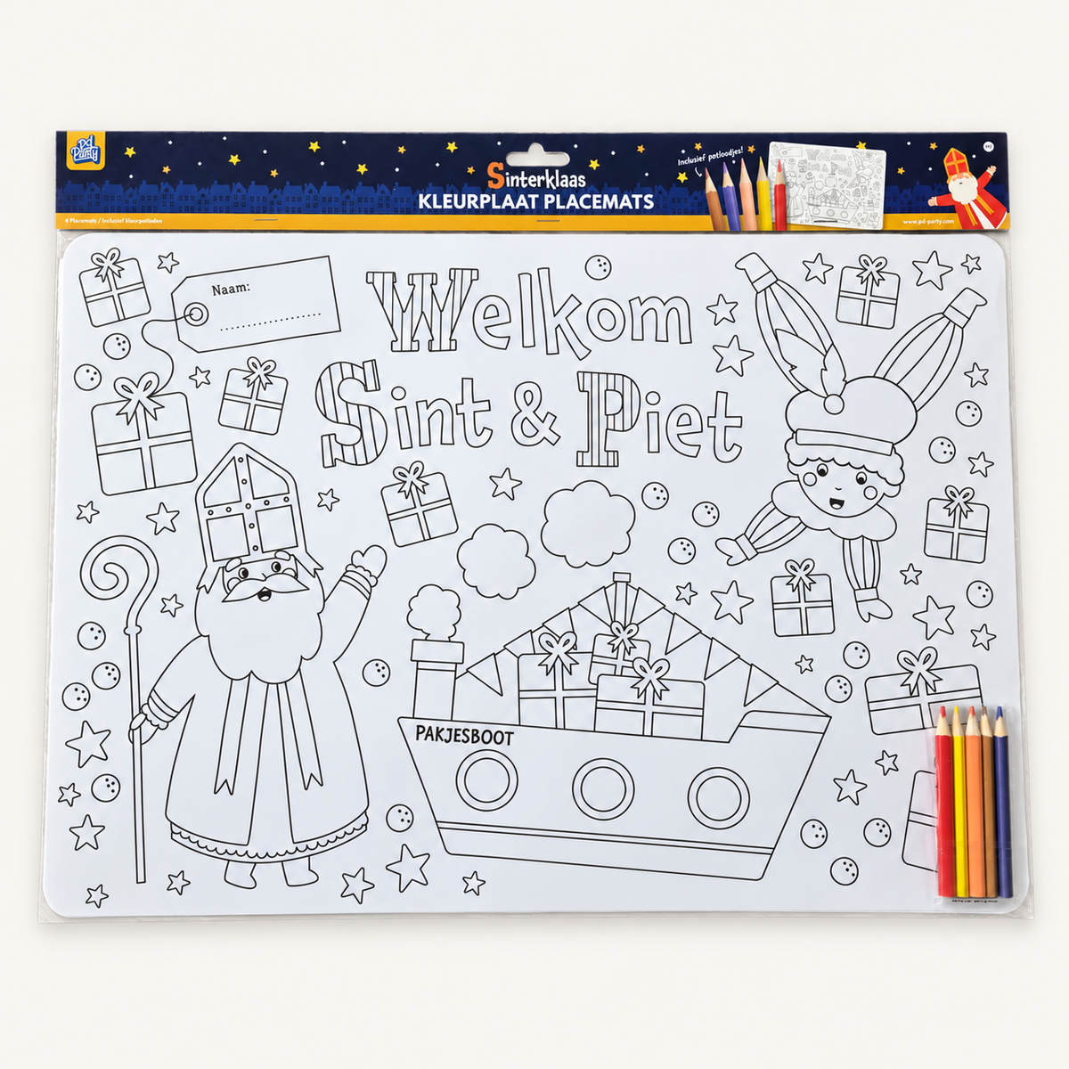 Sinterklaas kleurplacemats – set van 4 met kleurpotloden