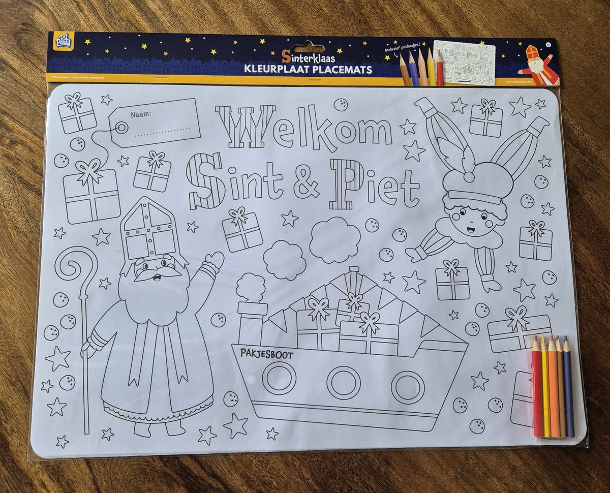 Vier Sinterklaas kleurplacemats inclusief kleurpotloden van PD Party