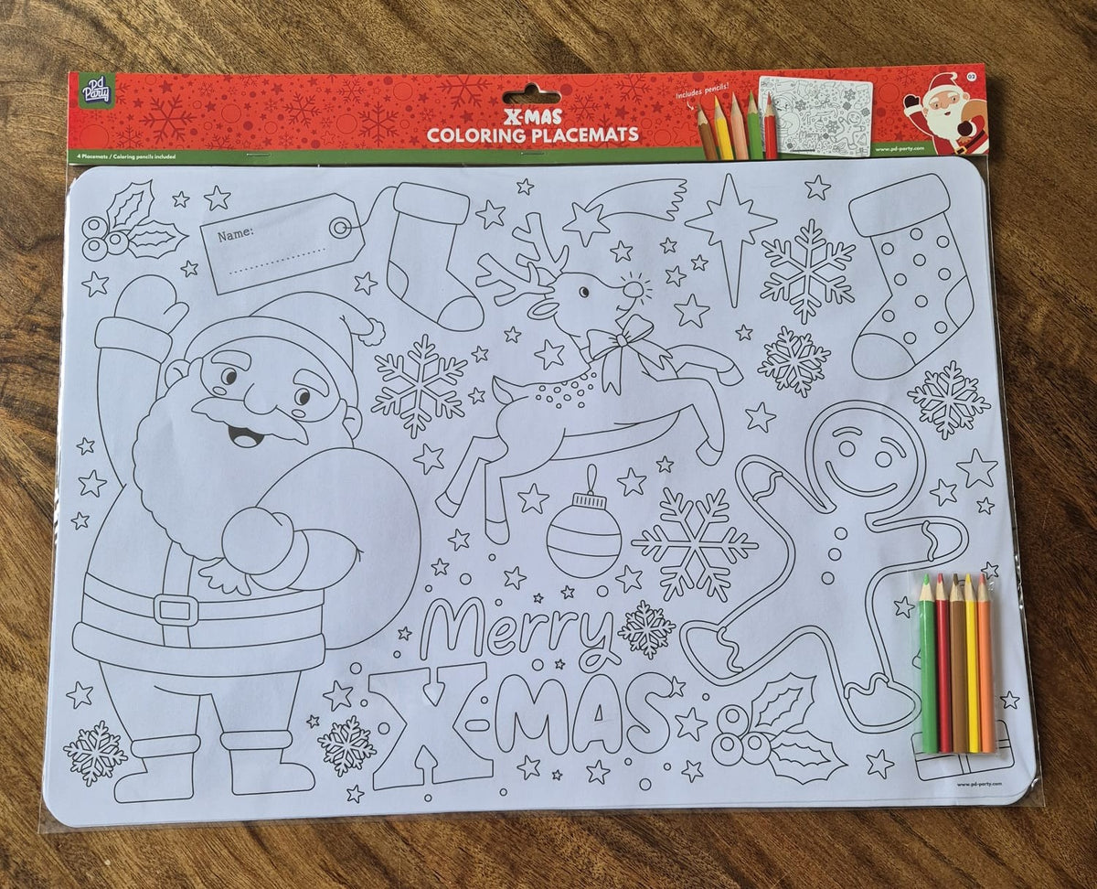 Kerst kleurplacemats met kerstman, rendier en kleurpotloden – set van vier